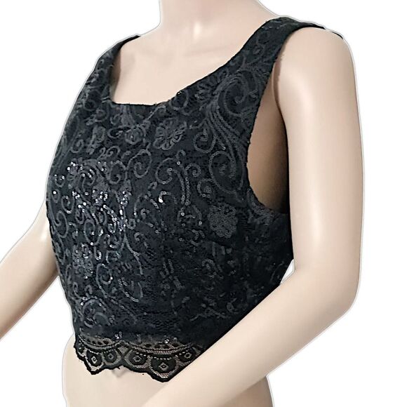 Lace Sequin Cropped Top Sz 13 L Black Romantic Witchy Goth Whimsigoth Sexy Bling - Picture 5 of 16
